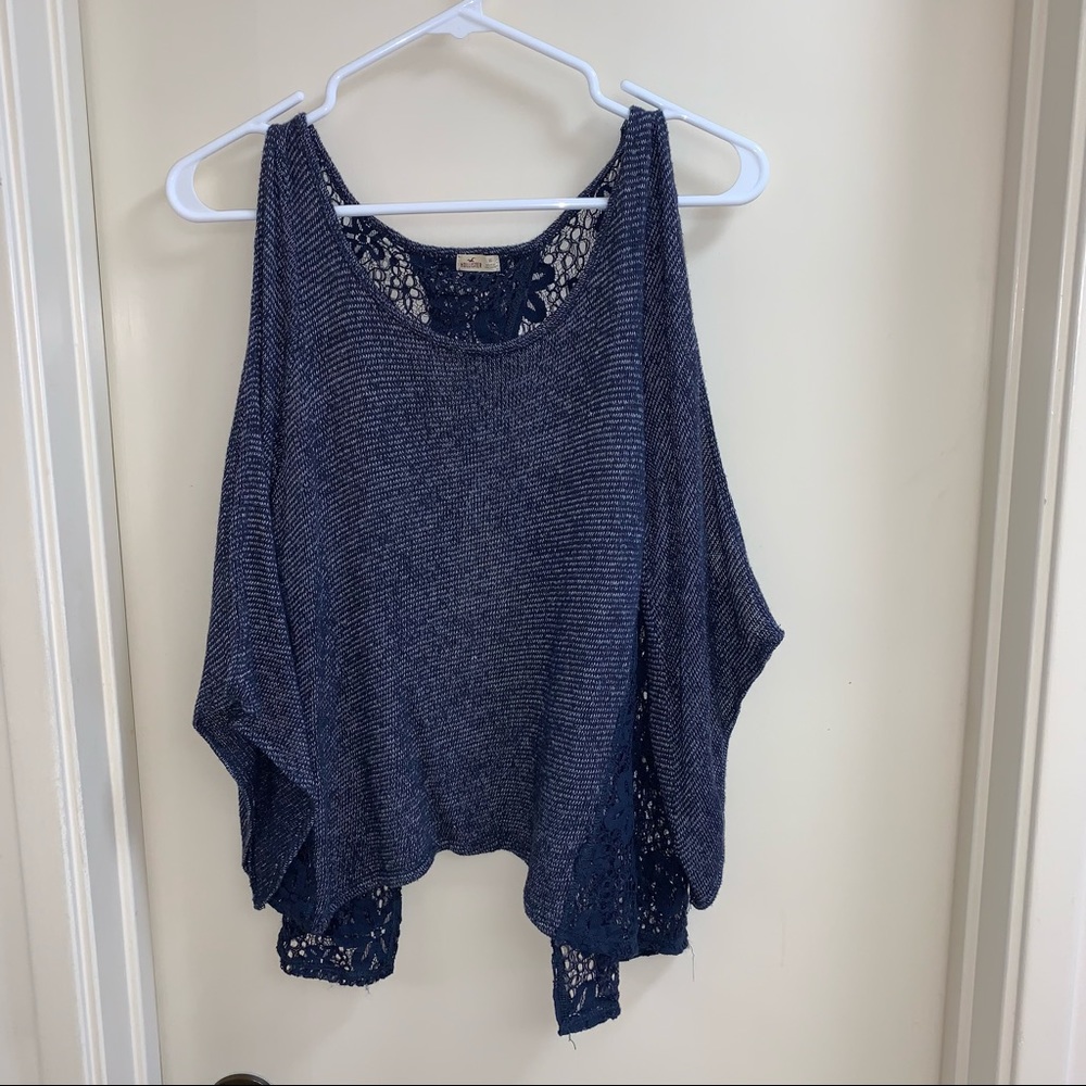 Hollister knit boho cold shoulder open back blue lace blouse XS